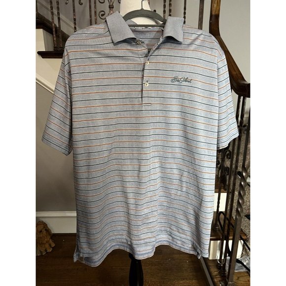 Peter Millar Polo Golf Shirt Mens Gray Stripe Short Sleeve Sz L - Picture 1 of 9